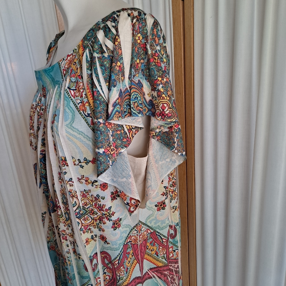 Cato capped sleeve fitted waist Multicolored floral pattern blouse, large - Picture 2 of 5
